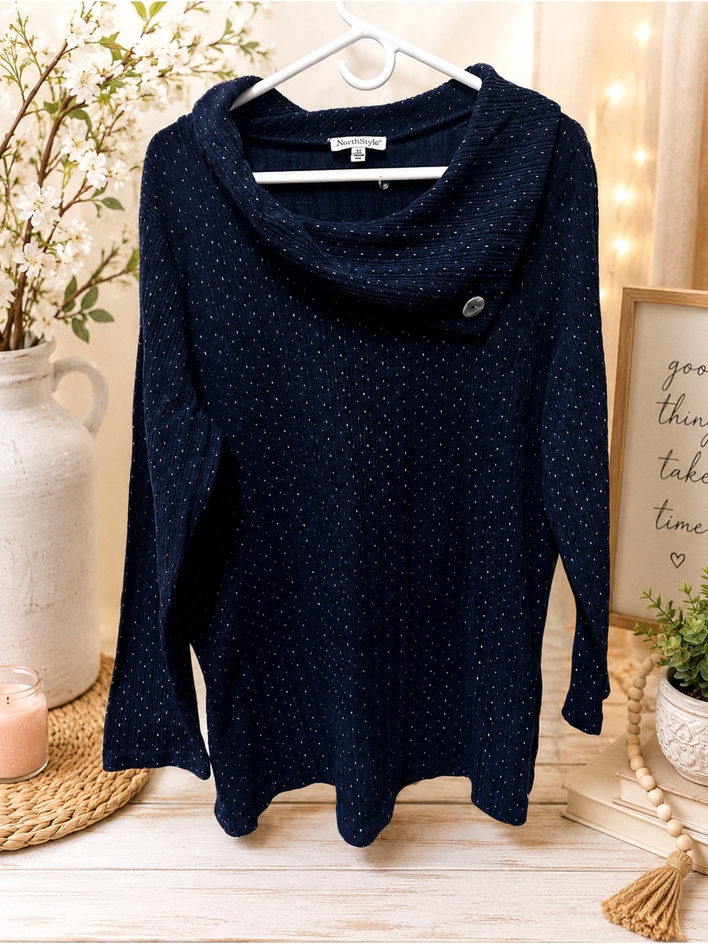 NorthStyle Navy Cowl Neck Sweater with Subtle Speckles